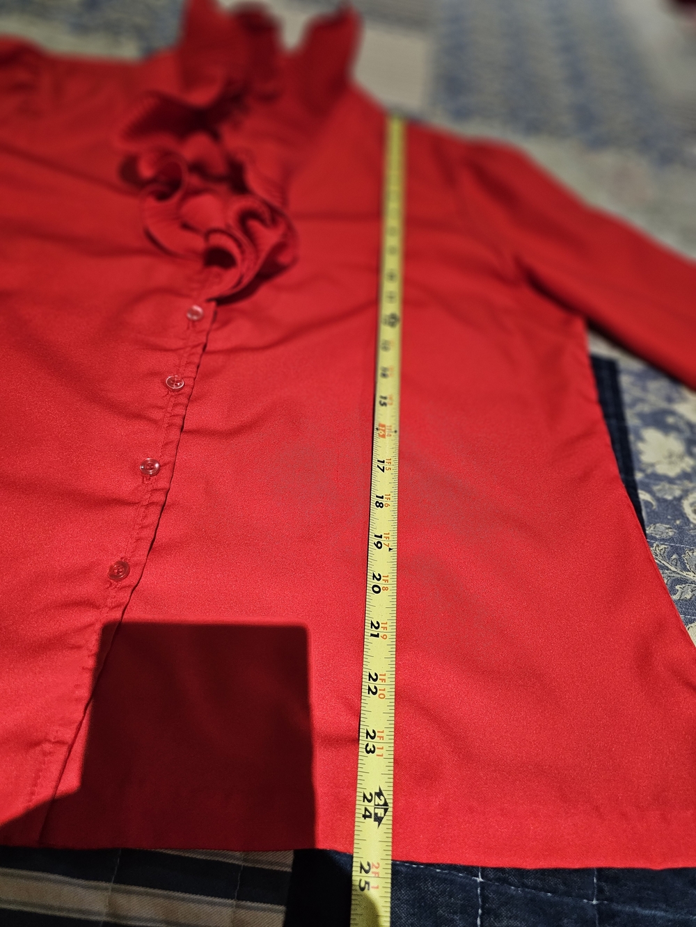 Women's Red Ruffle V-Neck Button Front Blouse - Picture 10 of 10
